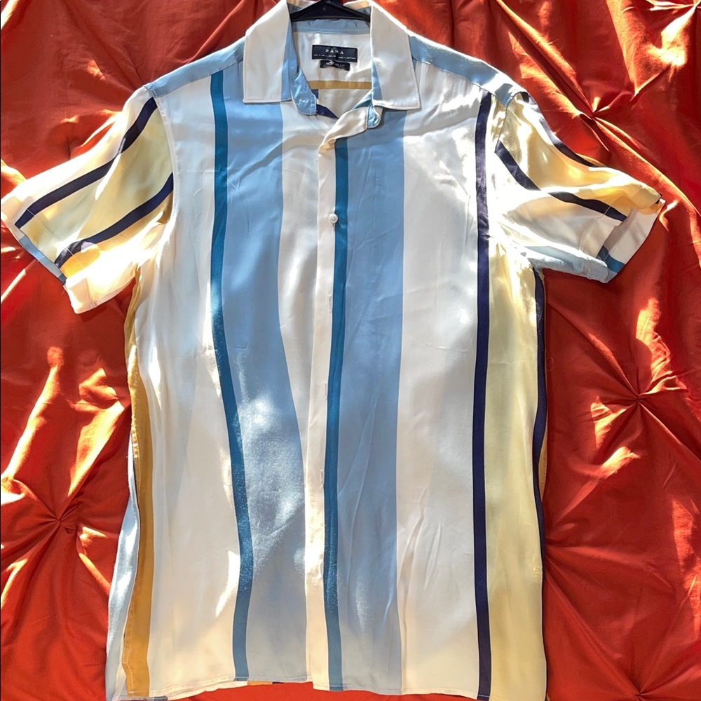 Zara Men's Blue and Yellow Striped Shirt